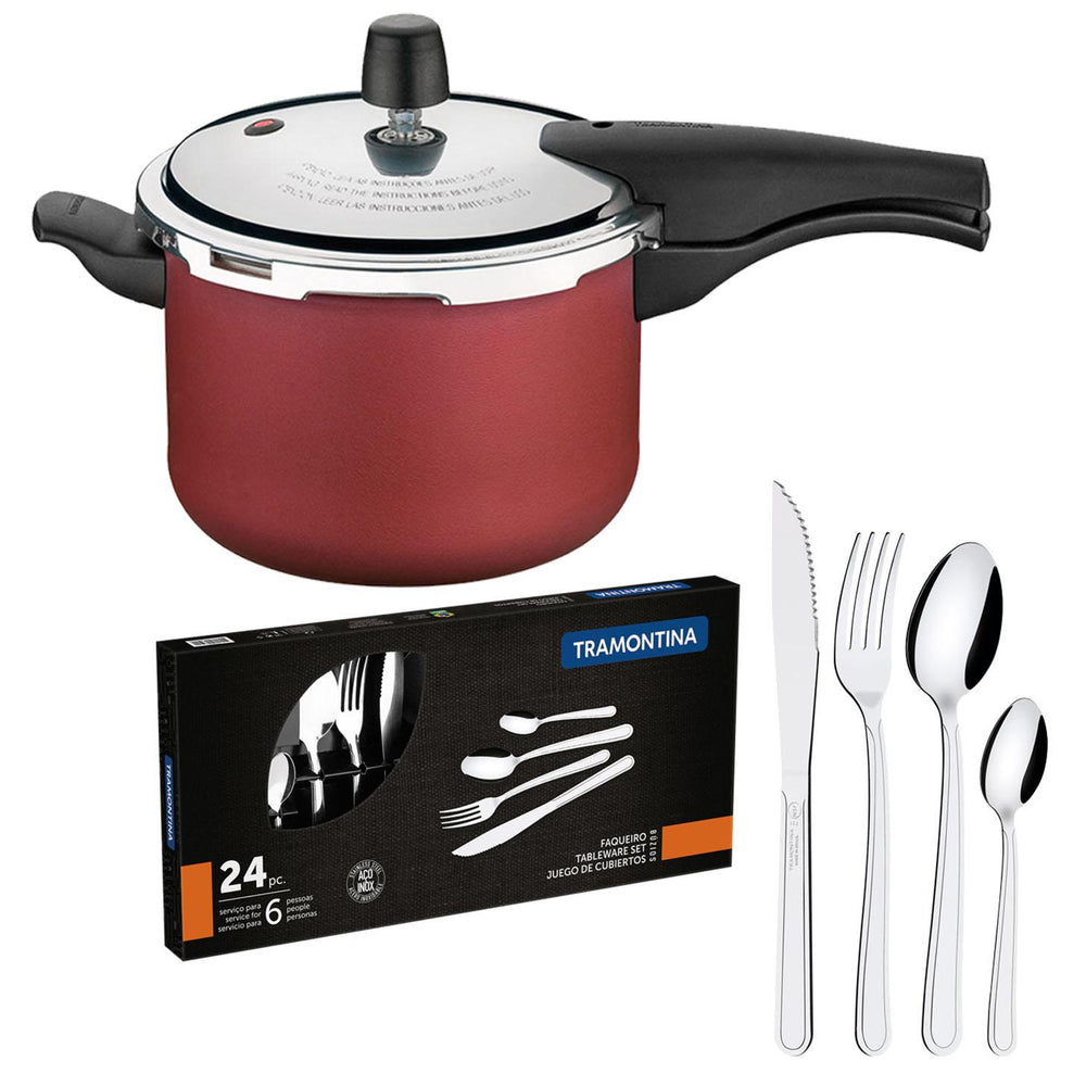 Kit Panela de Pressão 4,5 Vancouver Vermelha + 1 Faqueiro Inox 24pç - Tramontina