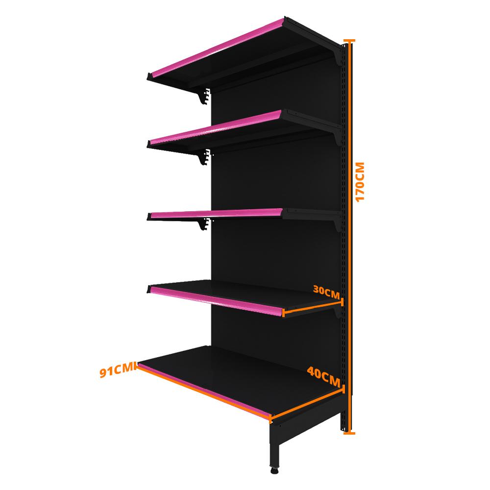Gôndola Prateleira Preta New Plus 1,70 Parede Continuação GPC - Sa Gôndolas Porta Etiquetas Rosa