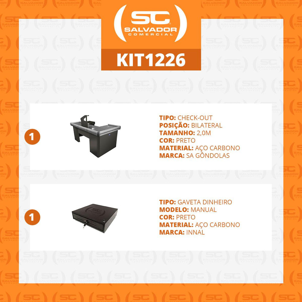 Kit - Caixa Supermercado Empacotador Check-out 2m Recorte + Caixa Dinheiro Manual Preto