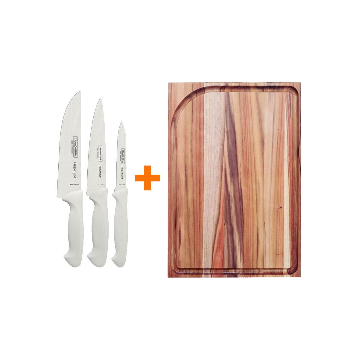 Kit - Faqueiro Premium 3 Peças + 1 Tábua Para Churrasco 49x35 - Tramontina