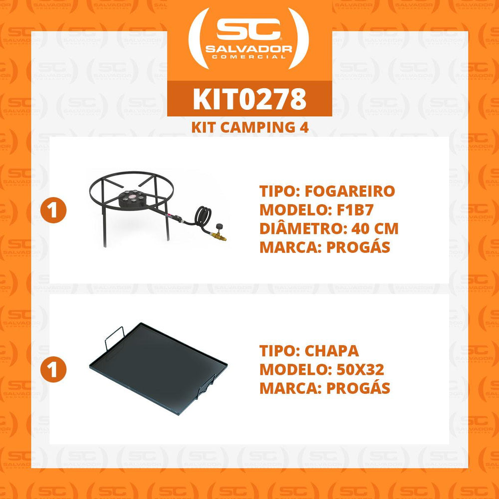 Kit Camping Fogareiro Fogão F1B7 Redondo 40cm Simples + Chapa Bifeteira 50cm - Progás