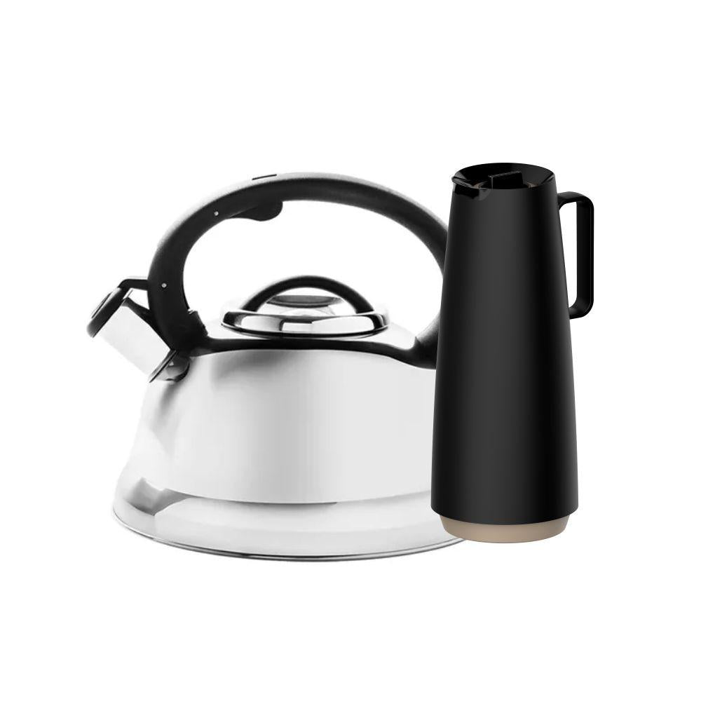 Chaleira Com Apito Roma em Aço Inoxidável 2,7l Brinox e Bule Garrafa Térmica 1l Preto Tramontina