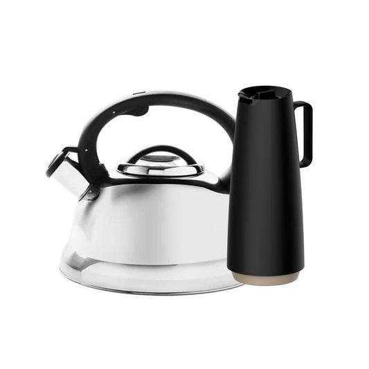 Chaleira Com Apito Roma em Aço Inoxidável 2,7l Brinox e Bule Garrafa Térmica 1l Preto Tramontina