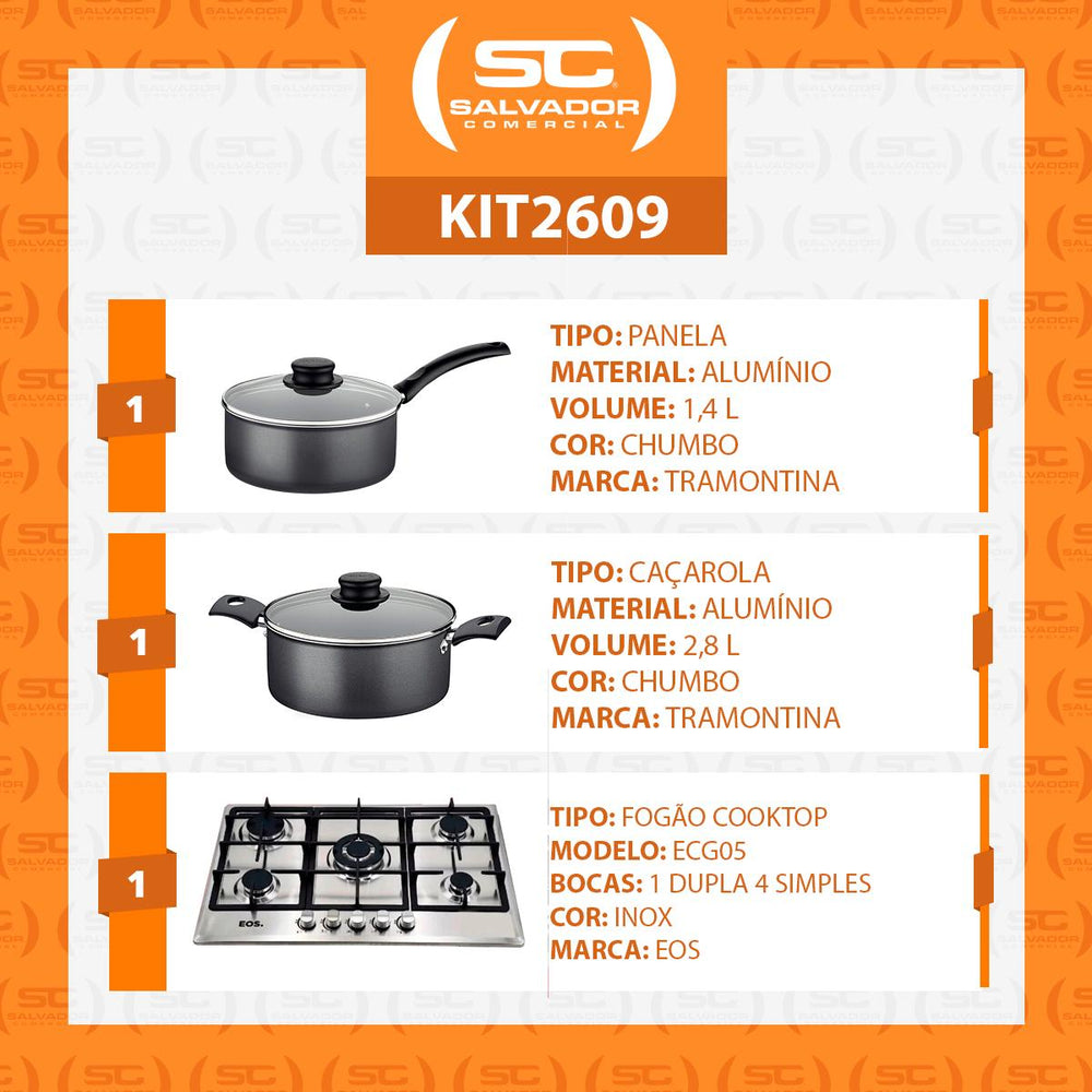 Kit Fogão Cooktop Inox a Gás 5 Bocas 1 Dupla ECG05 Eos + 2 Panelas Tramontina Turim