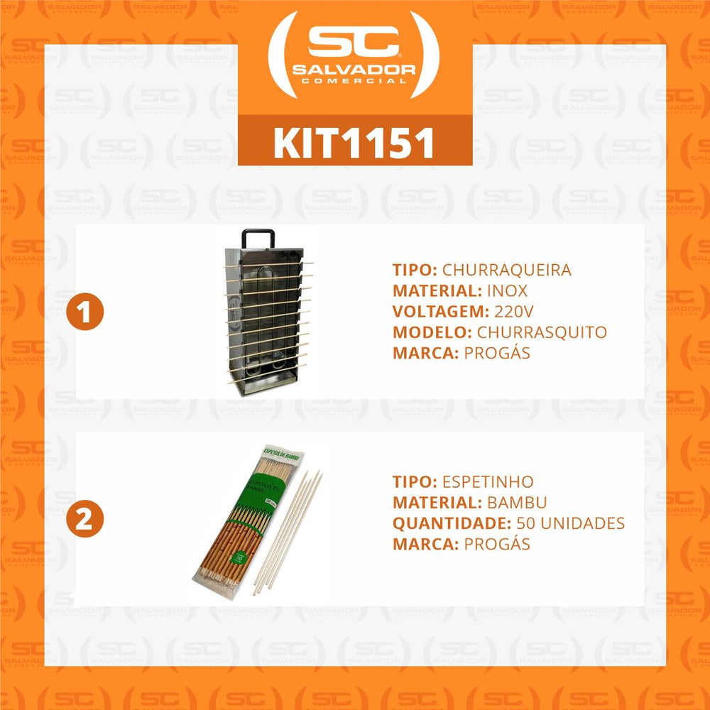 Kit - Churrasqueira 10 Espetinhos Churrasquito Elétrico Pr-199e 220v + 100 Espetinhos - Progás