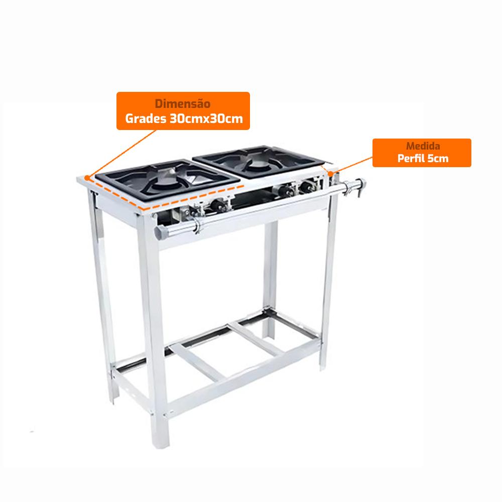 Fogão a Gás Extra Inox Para Cozinha Industrial Grelha 30cm 2 Bocas 2 Dupla Com pé Ei2d2p - Venâncio