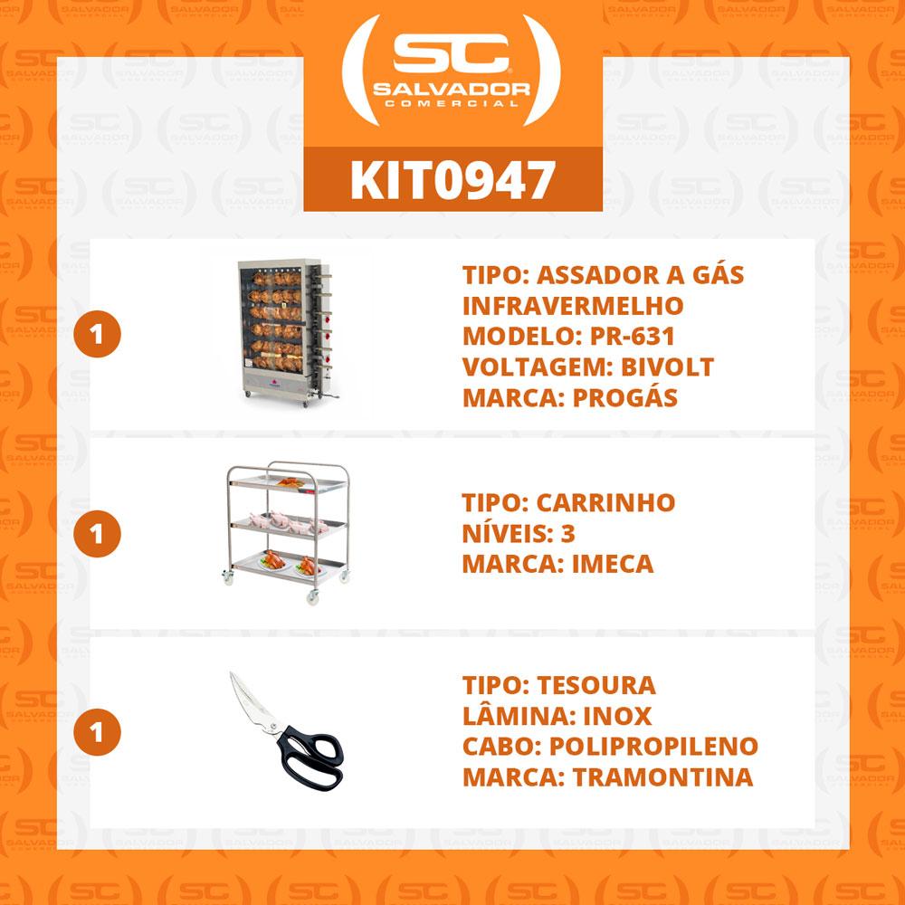 Assador de Frango Gás 6 Espetos Infra Pr-631 Progás + Tesoura Tramontina + Carrinho Inox 3 Níveis Imeca