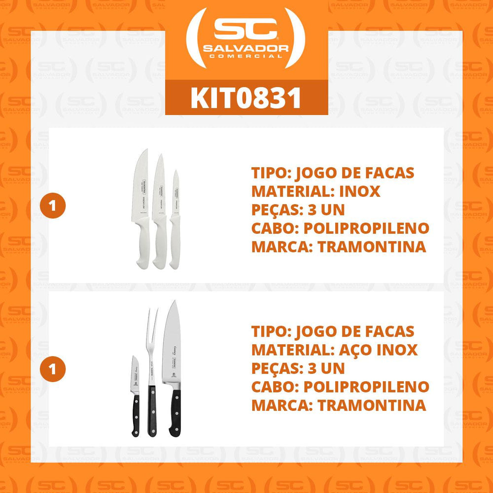 Kit Faqueiro Premium 3 Peças + 1 Jogo de Faca Profissional Century 3 Peças - Tramontina