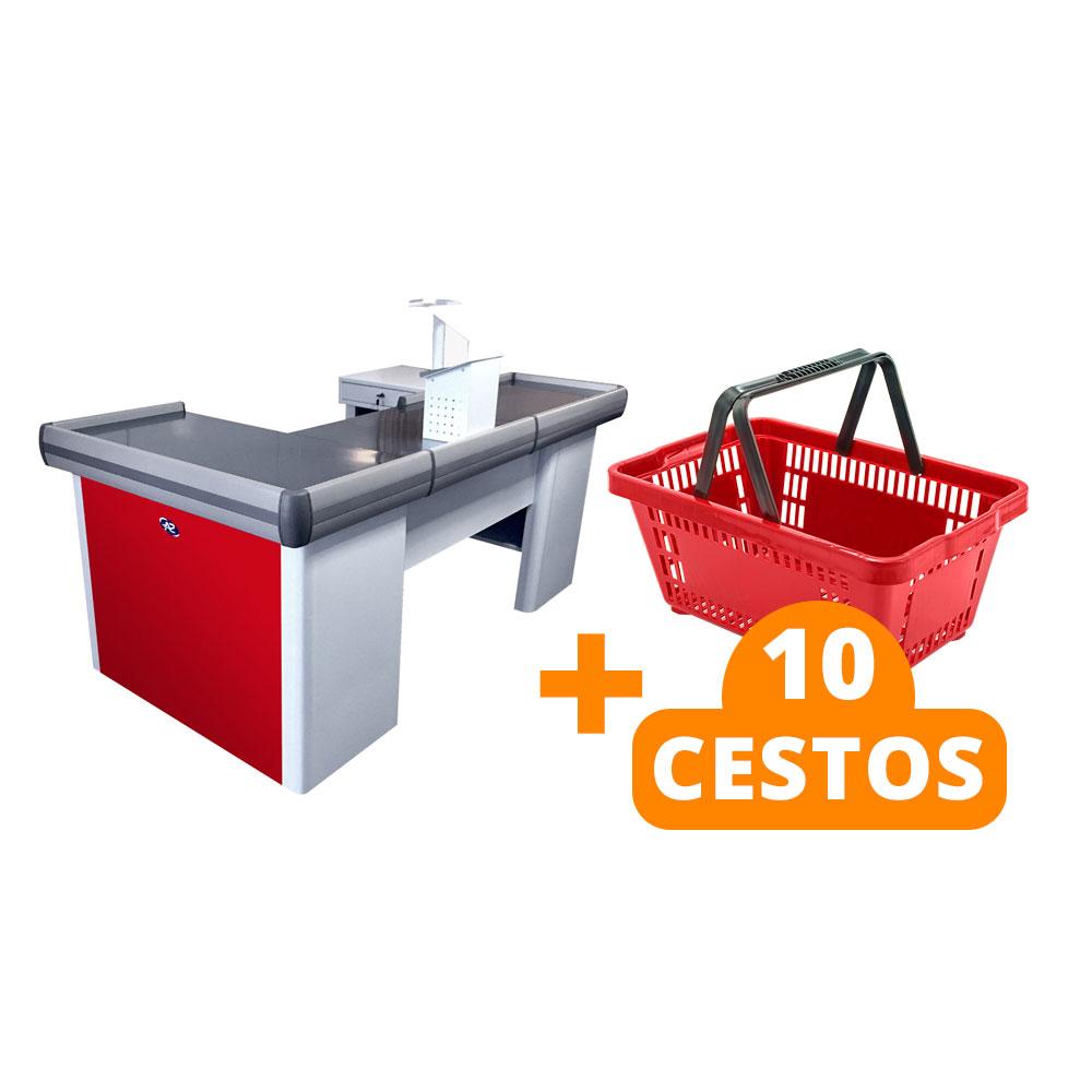 Kit Caixa De Supermercado Empacotador Check-Out 2,00m Recorte + 10 Cestos De Compras Vermelho