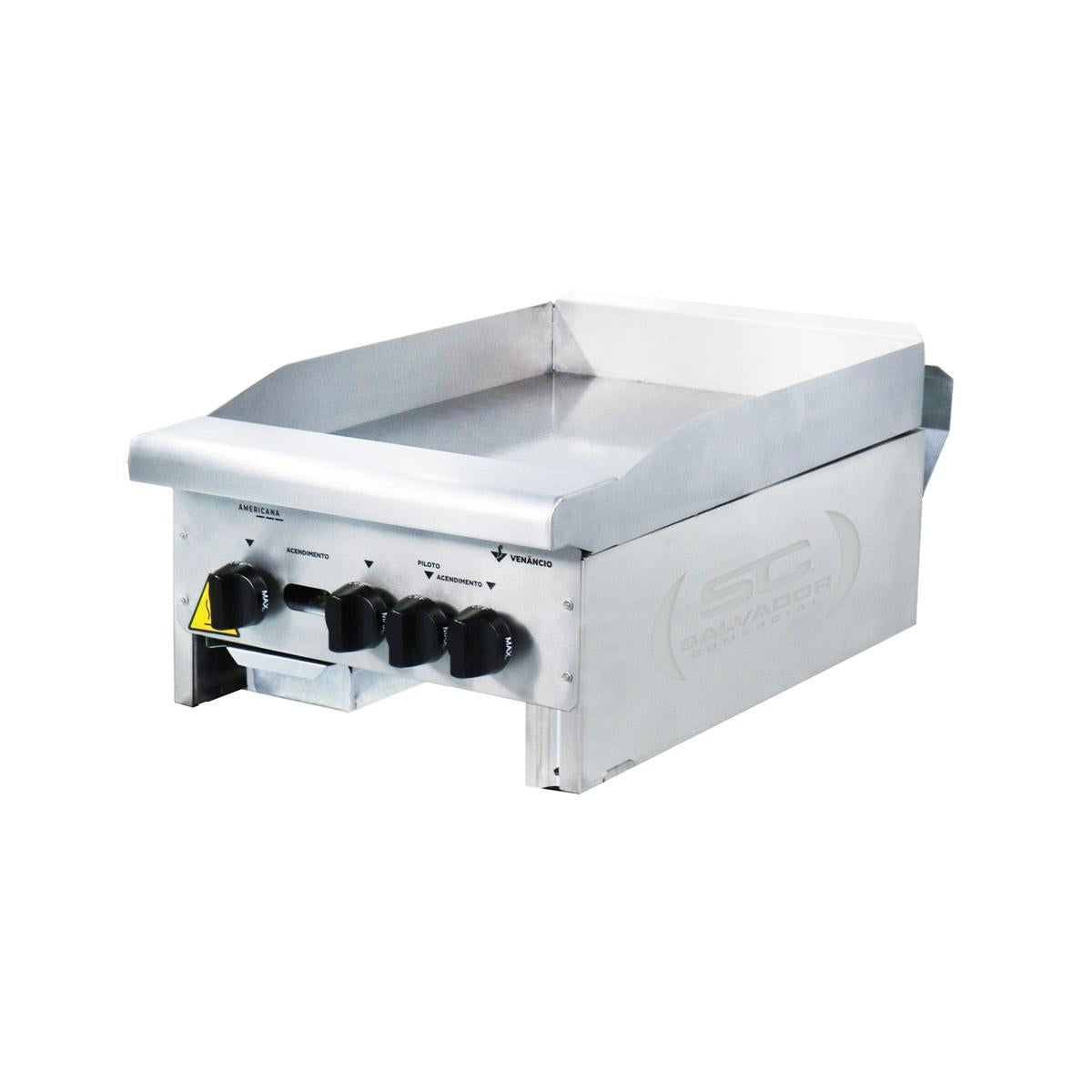 Chapa Americana Profissional 45cm a Gás 18mm Lisa Inox Cg45 e Conjunto de Espátulas - Venâncio