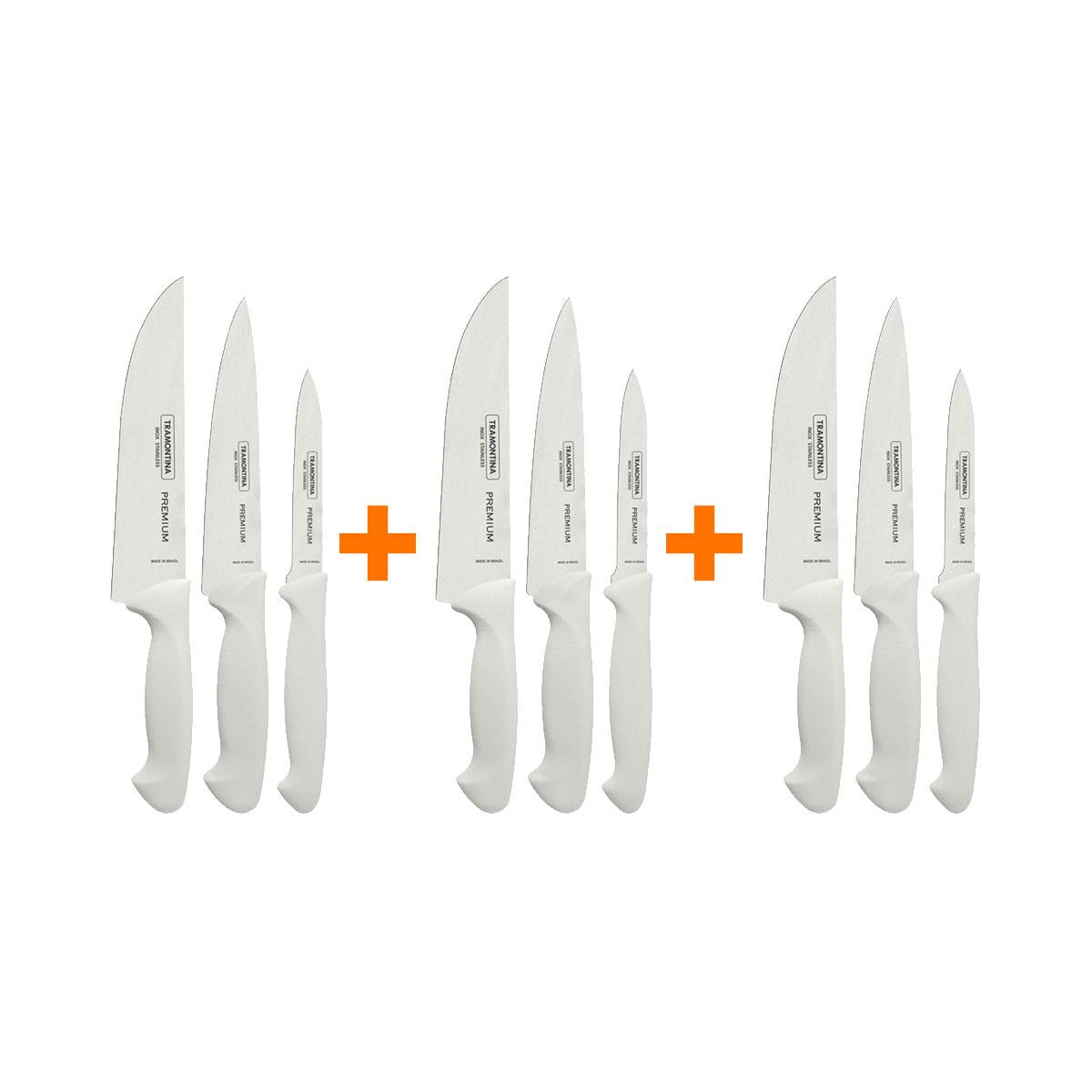 Kit - 3 Jogos de Facas Premium Em Aço Inox Cabo Branco 3 Peças - Tramontina