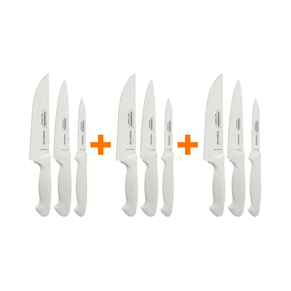 Kit - 3 Jogos de Facas Premium Em Aço Inox Cabo Branco 3 Peças - Tramontina