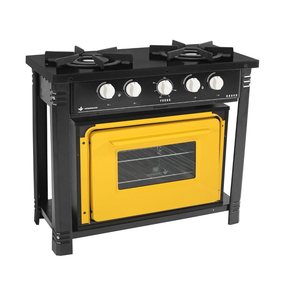 Fogão Industrial  2 Bocas Duplas a Gás Preto com Forno Amarelo Bravo BR2BF – Venâncio