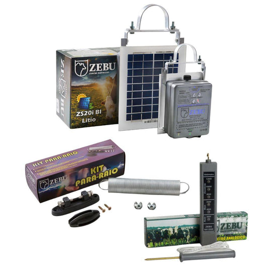 Eletrificador Solar Cerca Grandes Propriedades Bateria ZS20i + Kit Para-raio + Voltímetro - Zebu