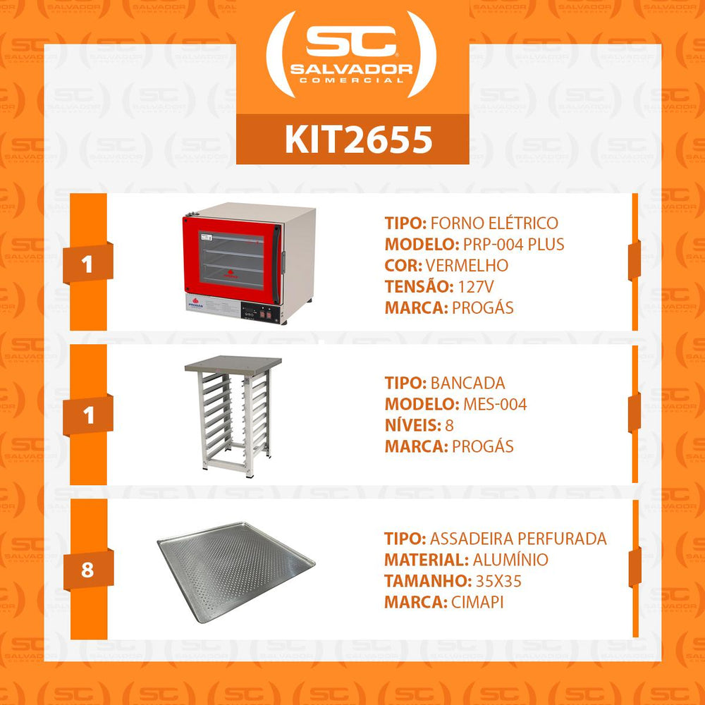 Kit Forno Turbo Elétrico PRP-004 Plus 127V Vermelho + Bancada MES-004 Progás + 8 Assadeiras Cimapi