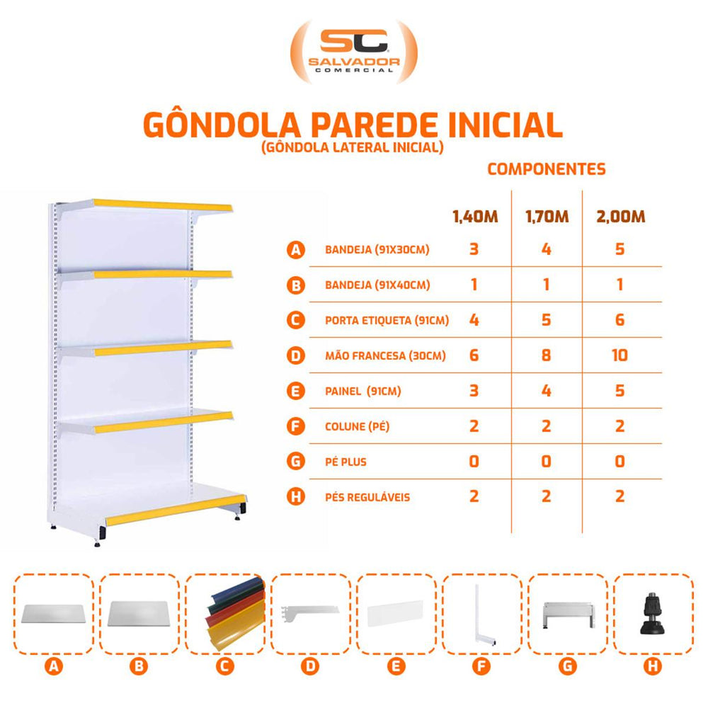 Gôndola Prateleira New Plus 1,70 Parede Inicial GPI - Sa Gôndolas Porta Etiquetas Laranja