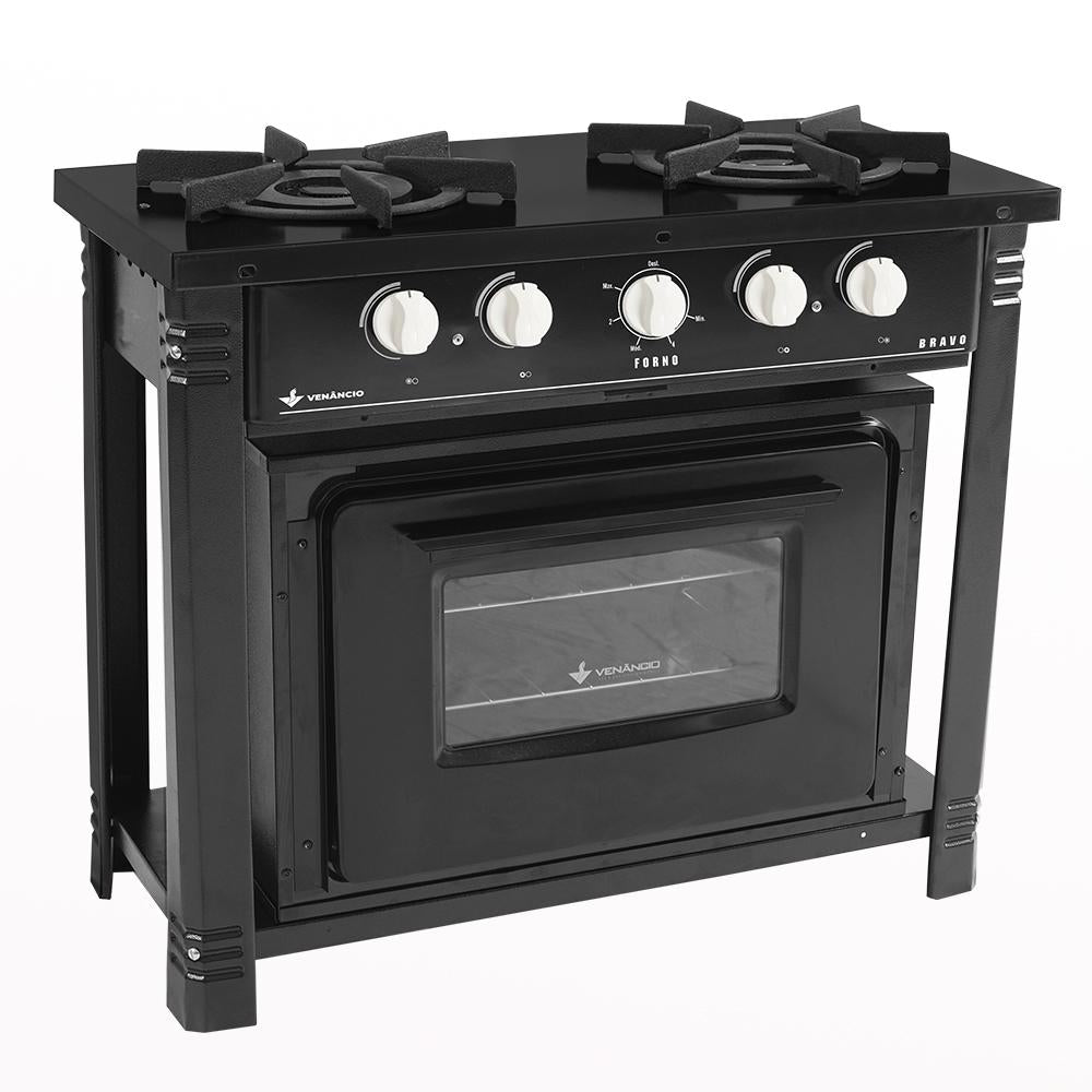 Fogão Industrial 2 Bocas com Forno Bravo Preto Venâncio + 2 Caçarolas Tramontina Turim
