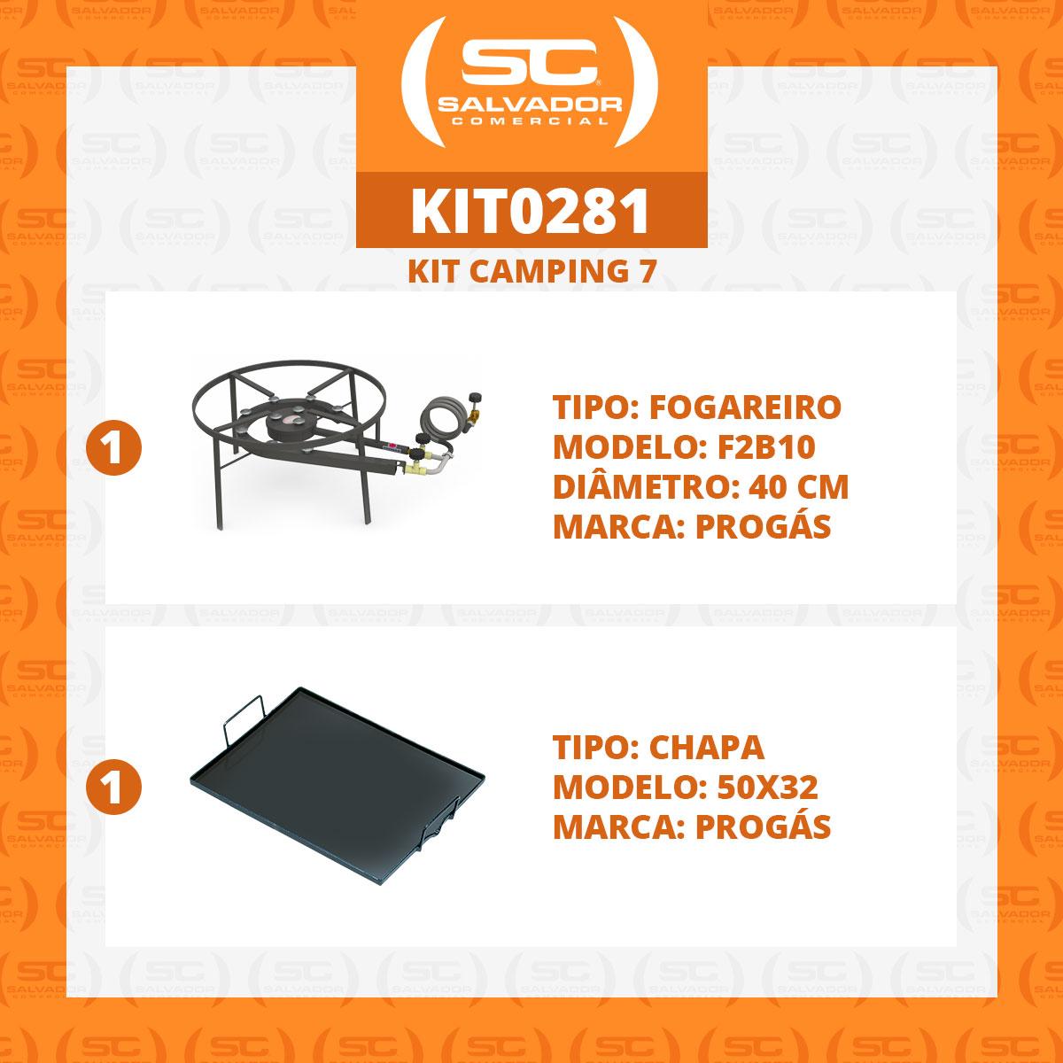 Kit Camping 7 - Fogareiro Fogão F2B10 Redondo 40cm Duplo de Mesa + Chapa Bifeteira 50cm - Progás