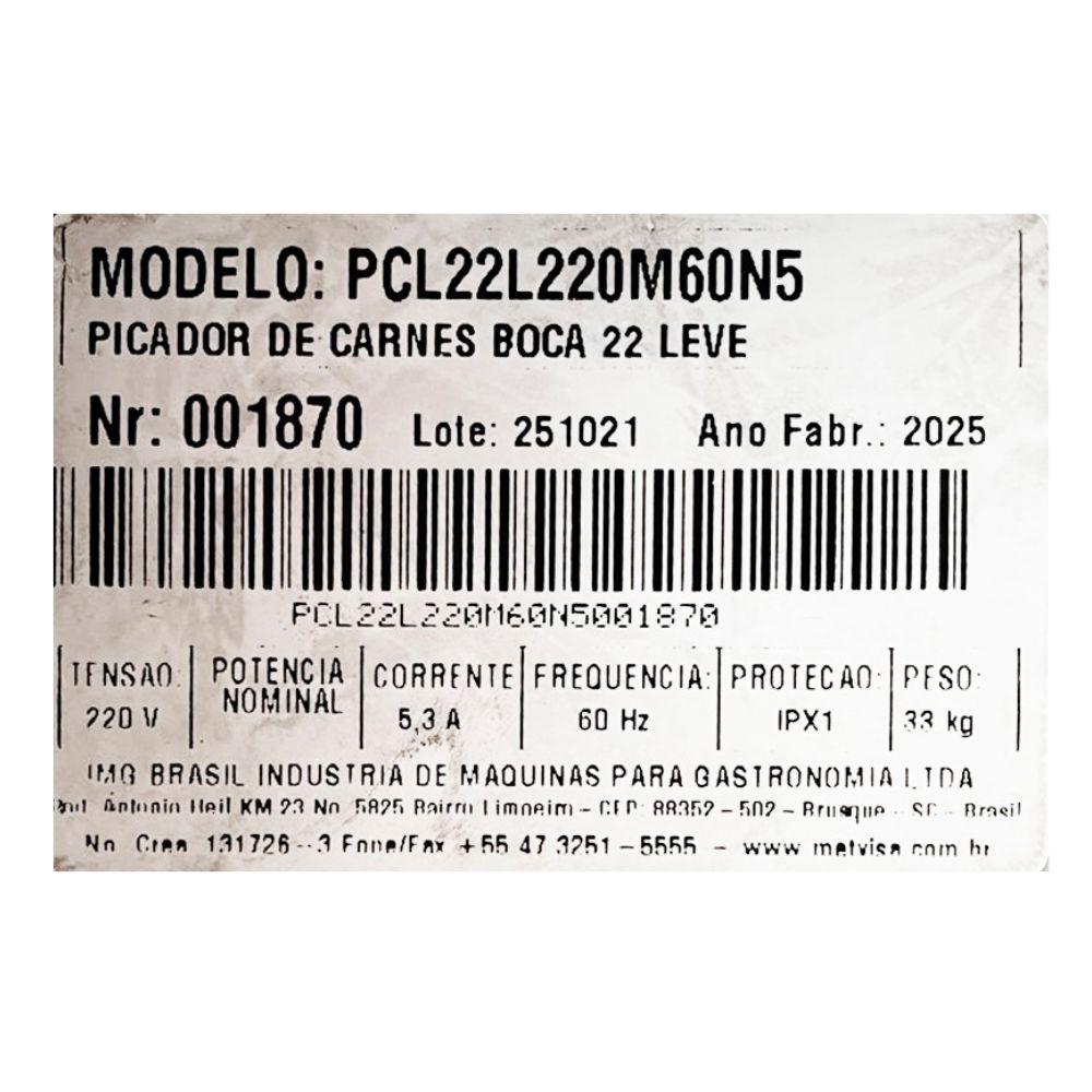 SEMINOVO - Picador Moedor de Carne Profissional Para Açougues Boca 22 Aço Carbono 1cv Pcl22l 220V - Metvisa