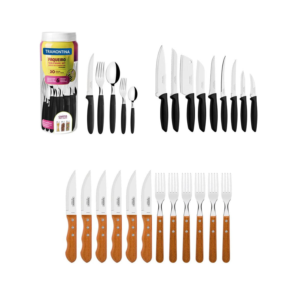Kit Jogo de Churrasco Inox 12 Peças + 1 Faqueiro 30pç + 1 Conjunto Facas 9pç - Tramontina