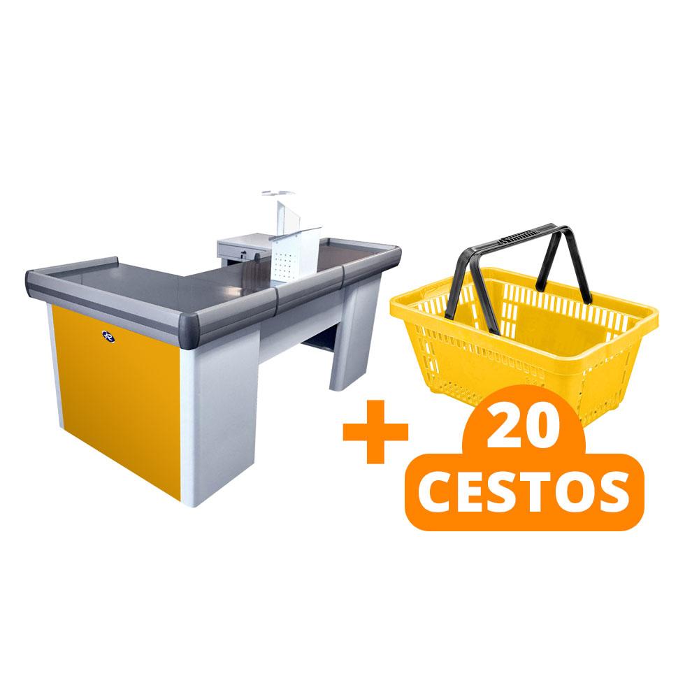 Kit Caixa De Supermercado Empacotador Check-Out 2,00m Recorte + 20 Cestos De Compras Amarelo