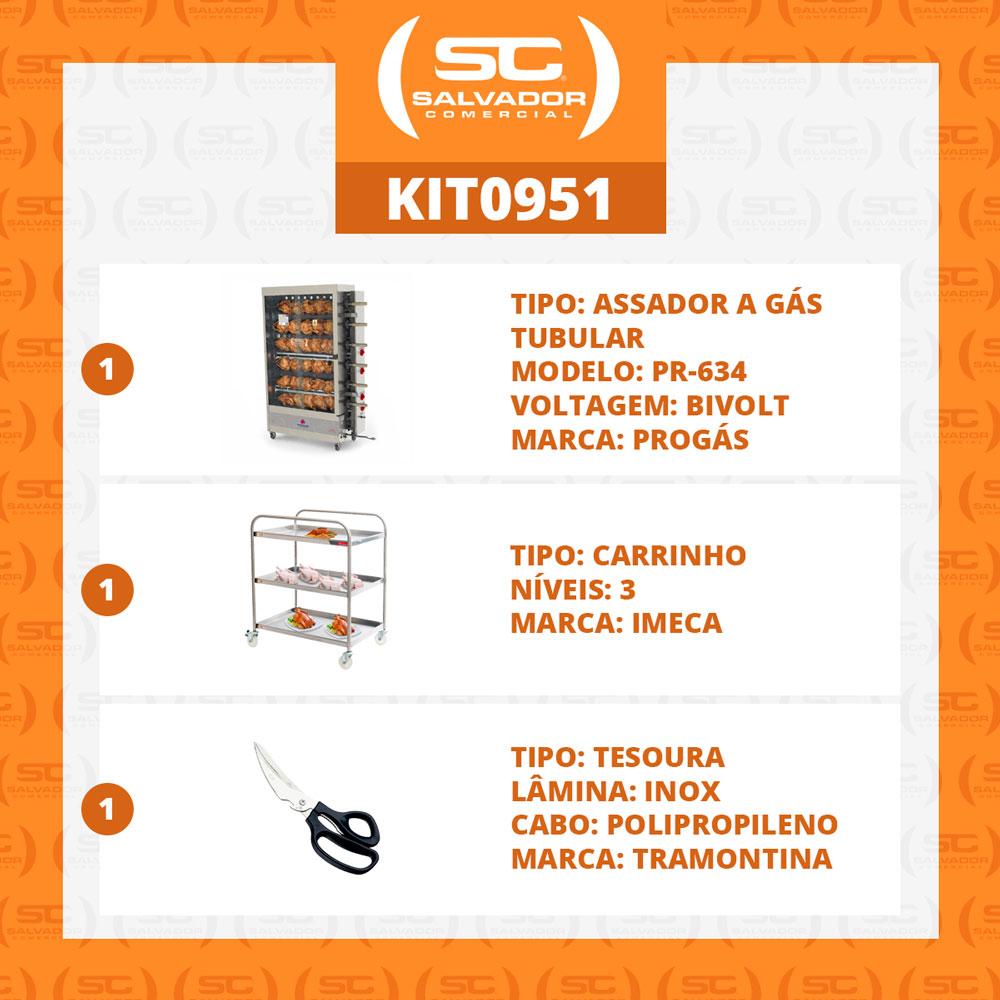 Assador de Frango Rotativo Profissional a Gás 6 Espetos Tubular PR-634 220V Progás + Tesoura Tramontina + Carrinho Inox Imeca