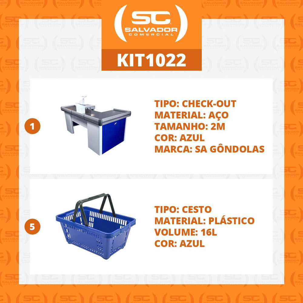 Kit Caixa De Supermercado Empacotador Check-Out 2,00m Recorte + 5 Cestos De Compras Azul