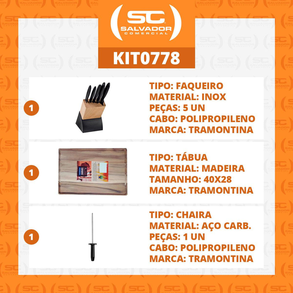 Kit Faqueiro Plenus 6 Peças + Tábua Para Churrasco 40x28 + Chaira 8 Pol - Tramontina