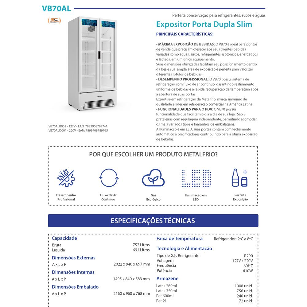 Refrigerador Expositor Vertical Bebidas Duas Portas Vidro 691/752L VB70AL Branca 220V - Metalfrio