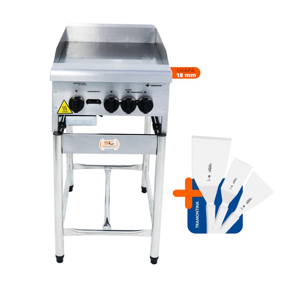 Chapa Americana Profissional 45cm a Gás 18mm Lisa Inox Com Pé CGP45 e Conjunto de Espátulas - Venâncio