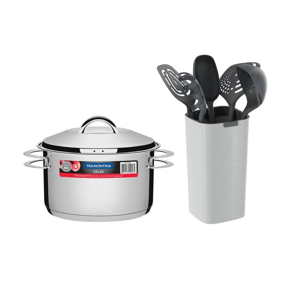 Kit Caçarola Aço Inox Solar 6,1 Litros PIT 2 + Jogo de Utensílios 6 Peças Verano Ônix  - Tramontina