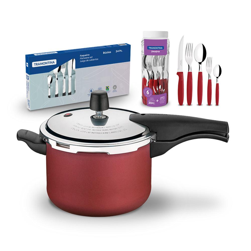 Kit Panela de Pressão 4,5 Vermelha + 1 Faqueiro Vermelho 30pç + 1 Faqueiro Inox 24pç - Tramontina