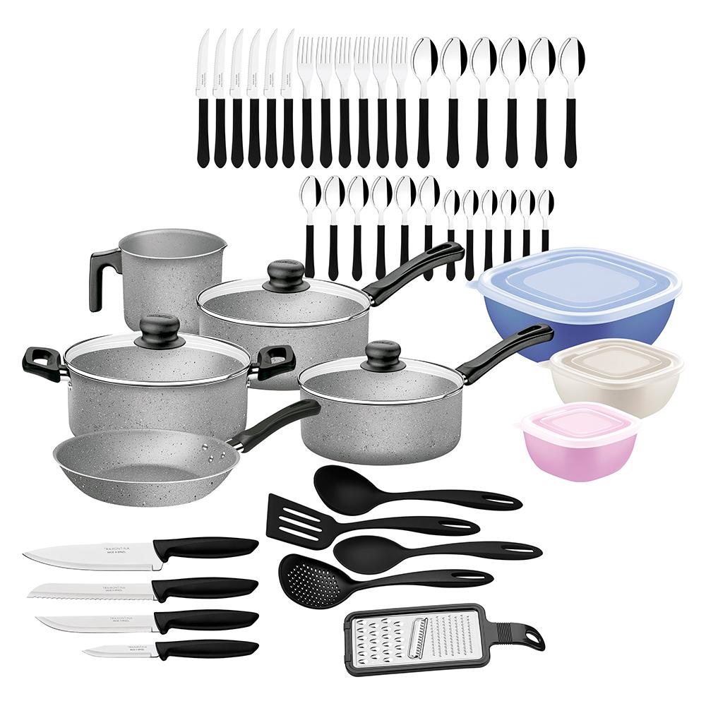 Kit Cozinha 47 Peças Panelas Antiaderentes, Talheres, Facas, Potes e Utensílios Tramontina 20297612