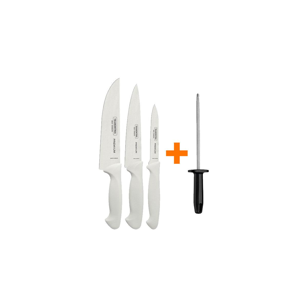 Kit - Faqueiro Premium 3 Peças + 1 Chaira Estriada 8 Pol Ultracorte - Tramontina