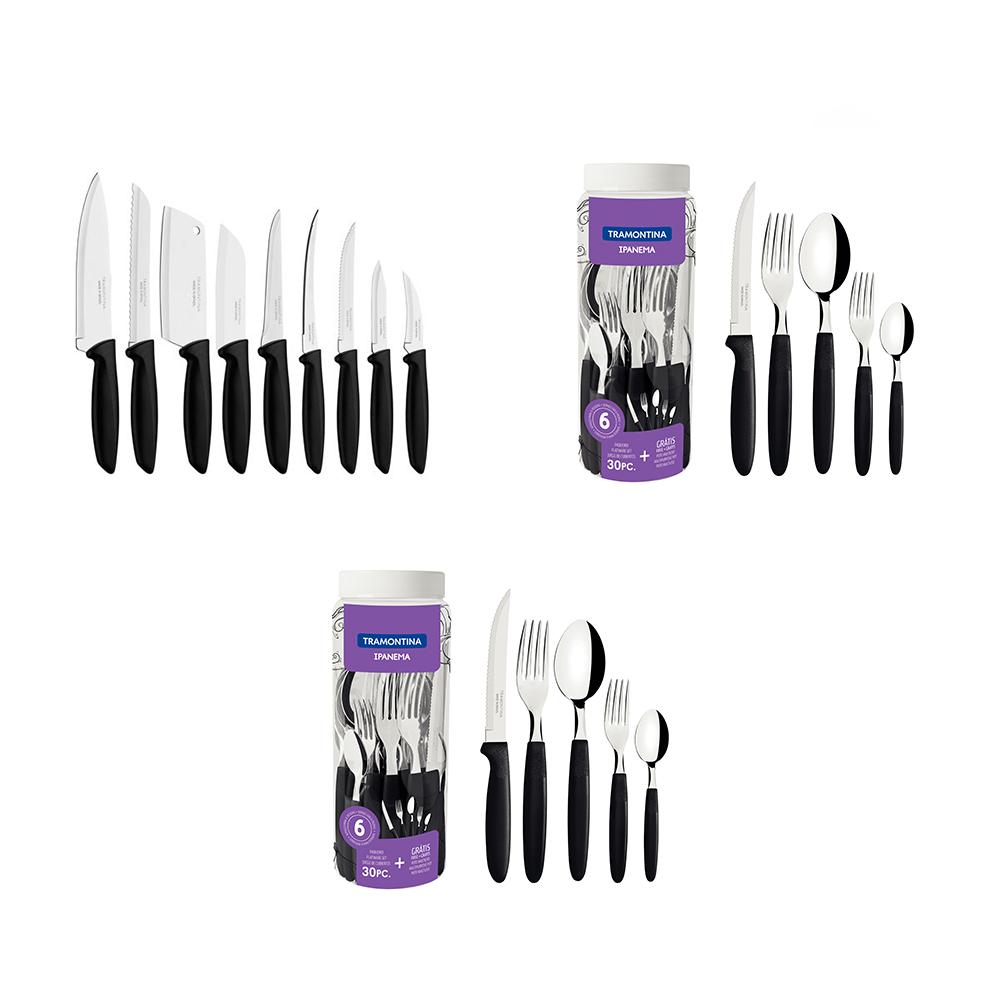 Kit - 2 Faqueiros Inox 30 Peças Ipanema Preto + 1 Conjunto Facas 9pç - Tramontina