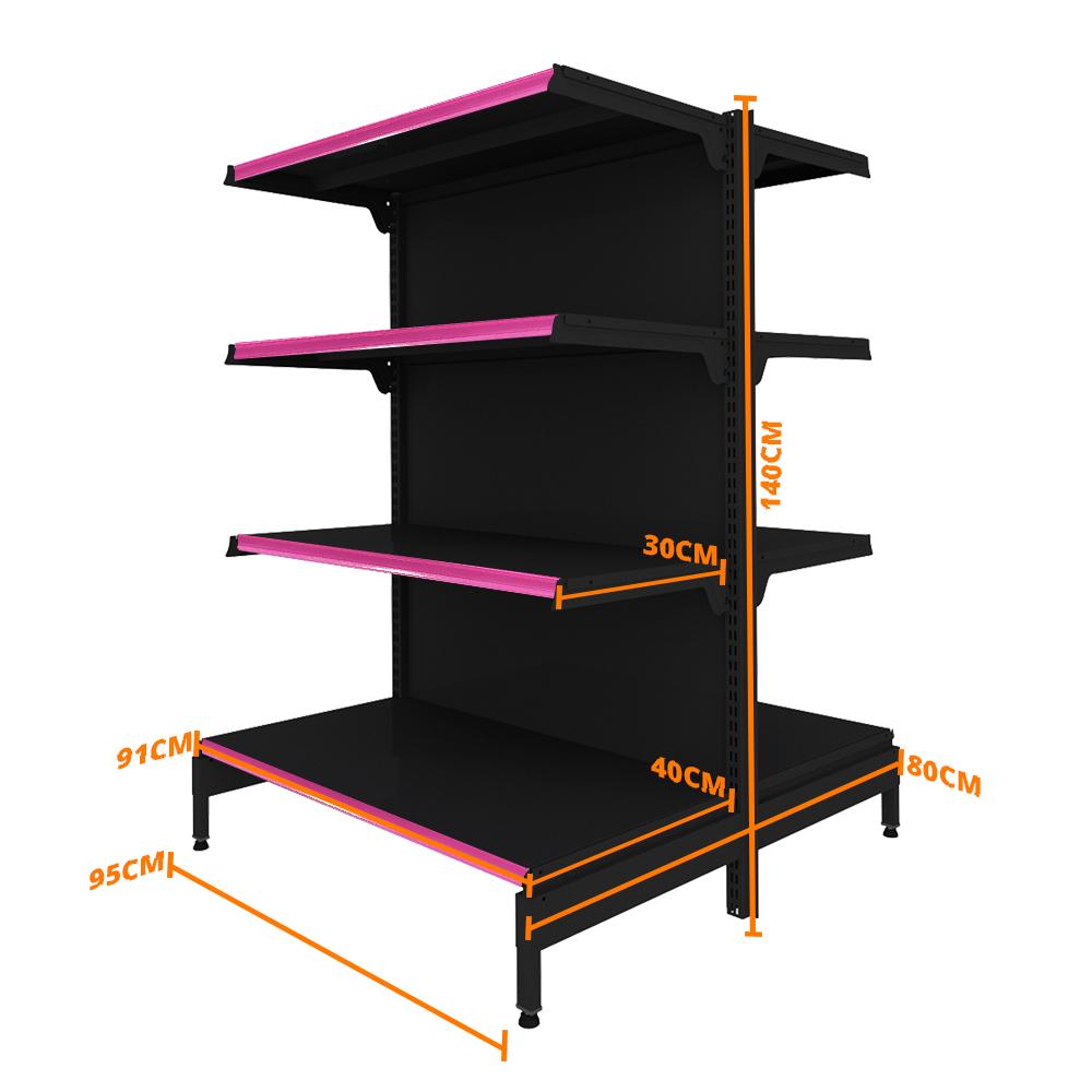 Gôndola Prateleira Preta New Plus 1,40 Central Inicial GCI - Sa Gôndolas Porta Etiquetas Rosa