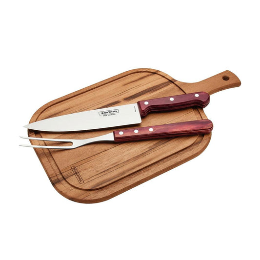 Kit 3 pç Faca, Garfo e Tábua Madeira 23x40 Churrasco Inox e Cabo de Madeira Polywood  - Tramontina