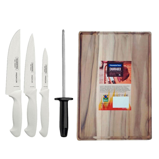 Kit - Faqueiro Premium 3 Peças + Tábua Para Churrasco 40x28 + Chaira 8 Pol - Tramontina