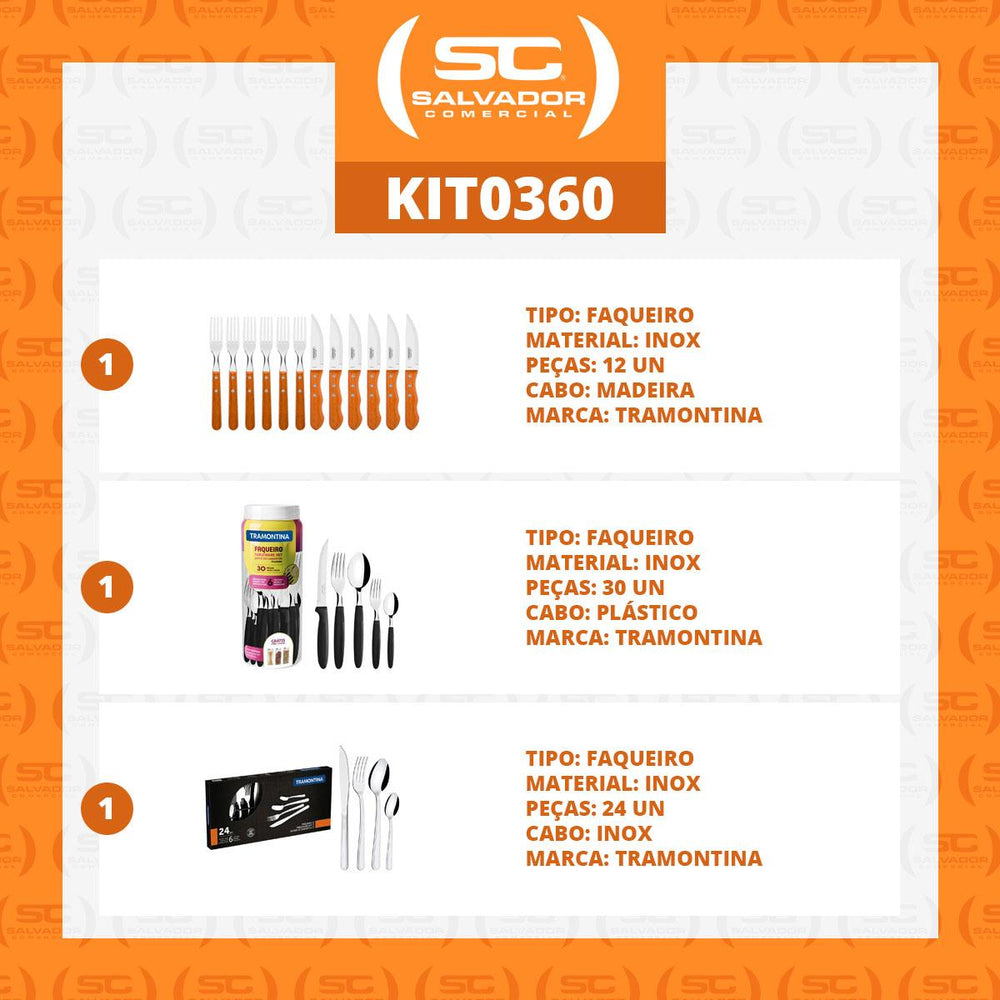 Kit Jogo de Churrasco Inox 12 Peças + 1 Faqueiro 30pç + 1 Faqueiro Inox 24pç - Tramontina