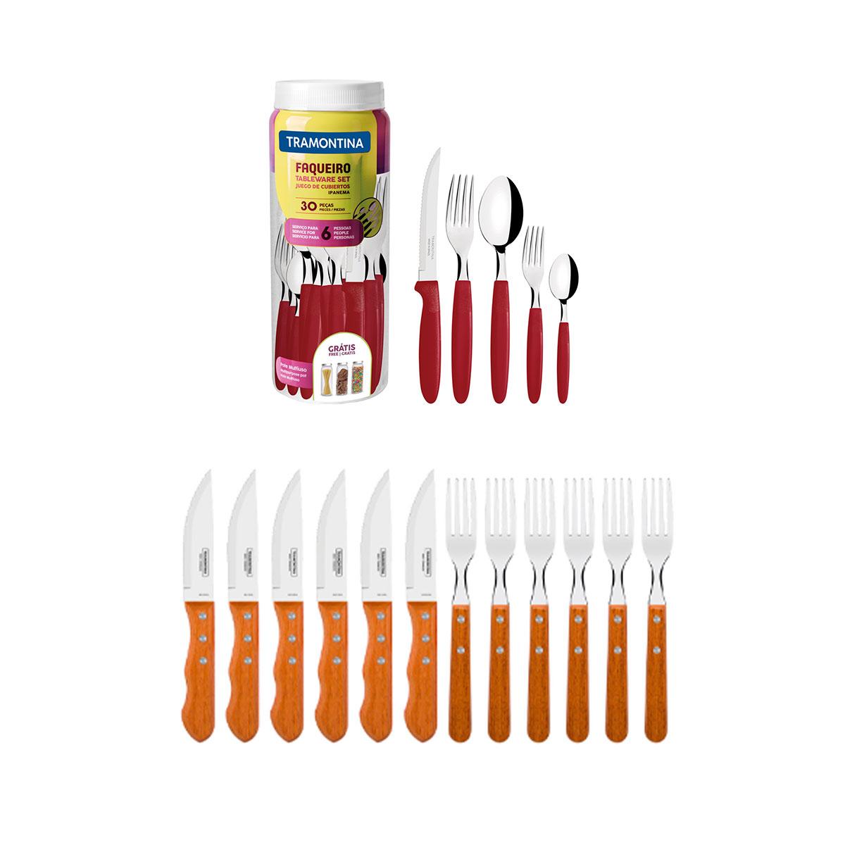 Kit - Jogo de Churrasco Inox 12 Peças Dynamic + 1 Faqueiro Vermelho 30pç - Tramontina