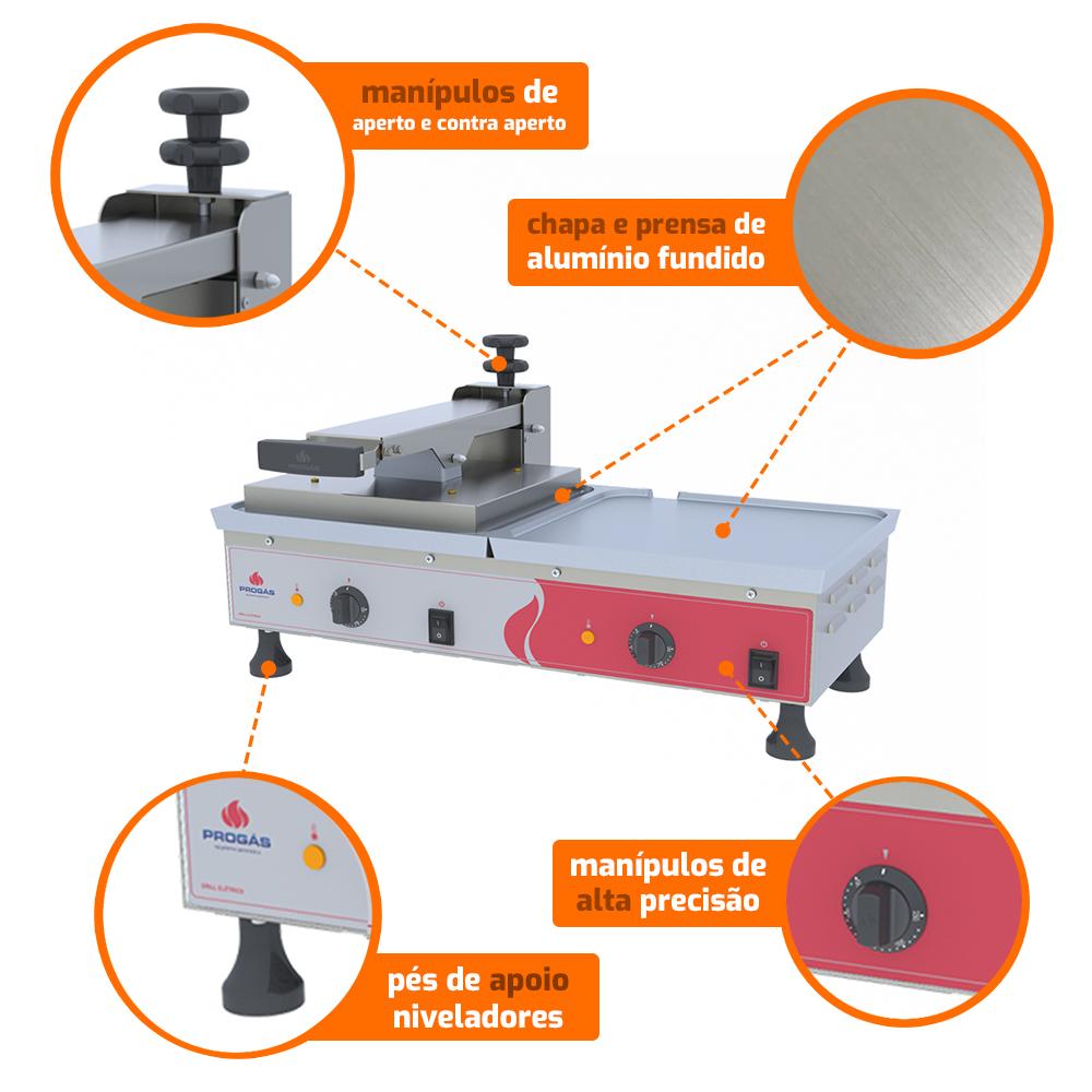 Chapa Sanduicheira Elétrica Prensa Profissional Conjugada Alumínio PRA-700E 220V - Progás P43522