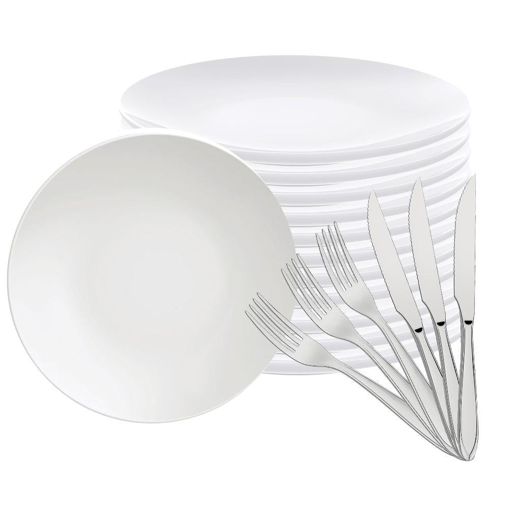 Jogo de Pratos 12pç Porcelana Branca 25cm Com Talheres Laguna Tramontina
