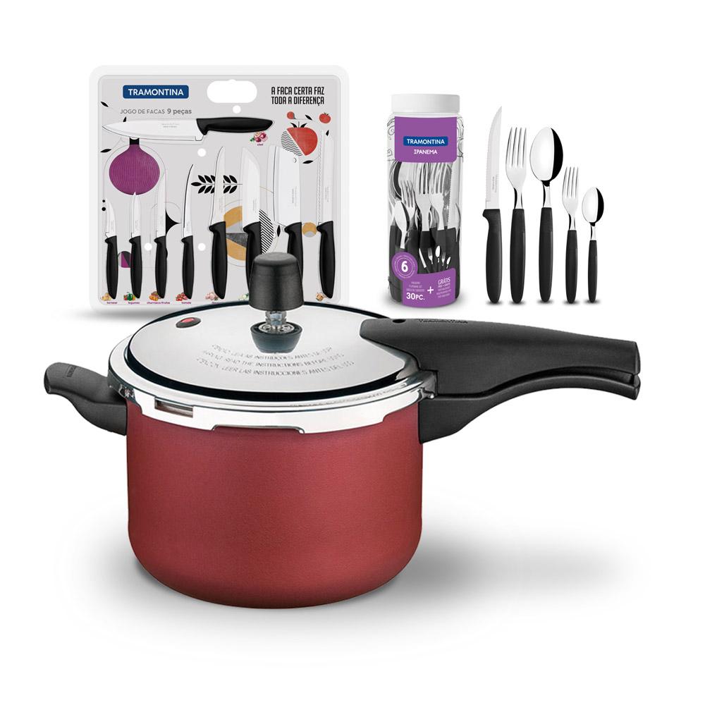 Kit Panela de Pressão 4,5 Vermelha + 1 Faqueiro 30pç + 1 Conjunto Facas 9pç - Tramontina
