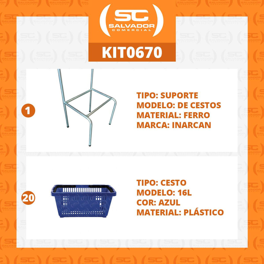 Kit Suporte Para Cestos De Compras Simples + 20 Cestos D100 Azul