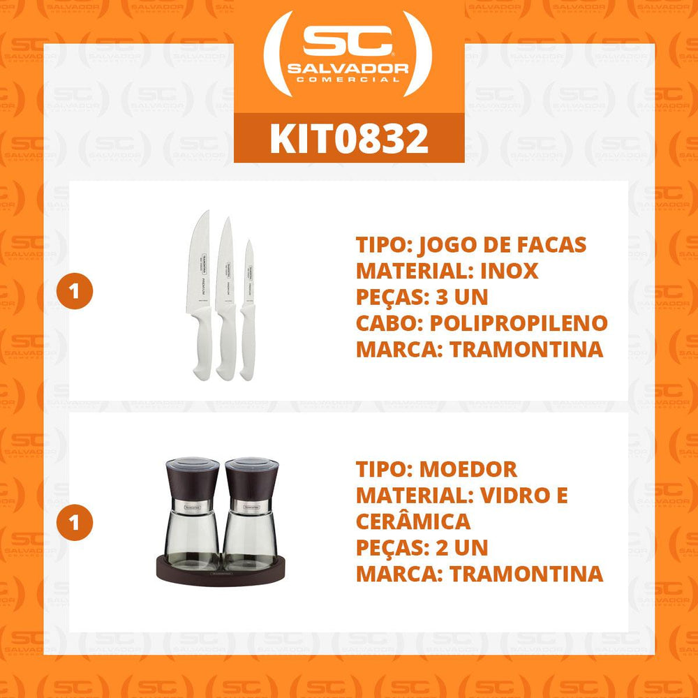 Kit Faqueiro Premium 3 Peças + 1 Moedor de Sal e Pimenta Em Cerâmica e Vidro - Tramontina