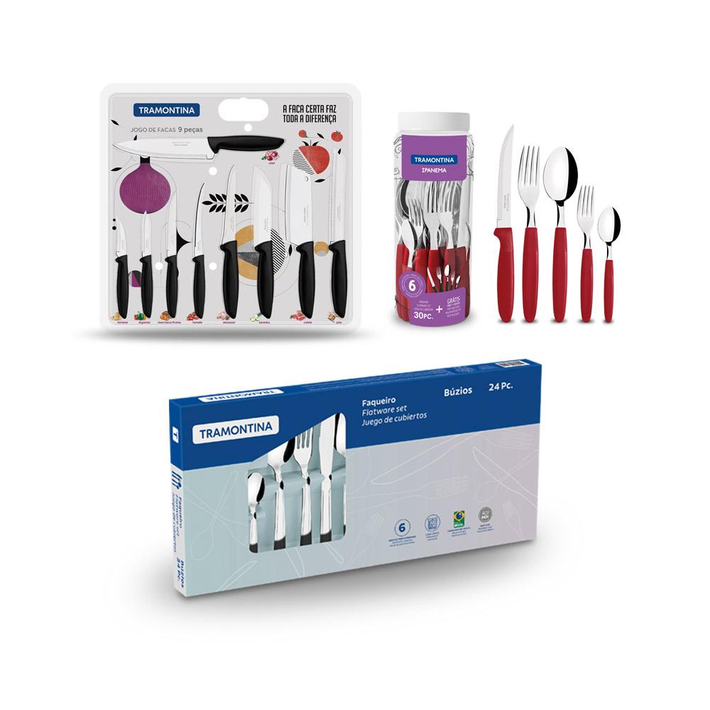 Kit 1 Faqueiro Vermelho 30 Peças + 1 Conjunto Facas 9pç + 1 Faqueiro Inox 24pç - Tramontina