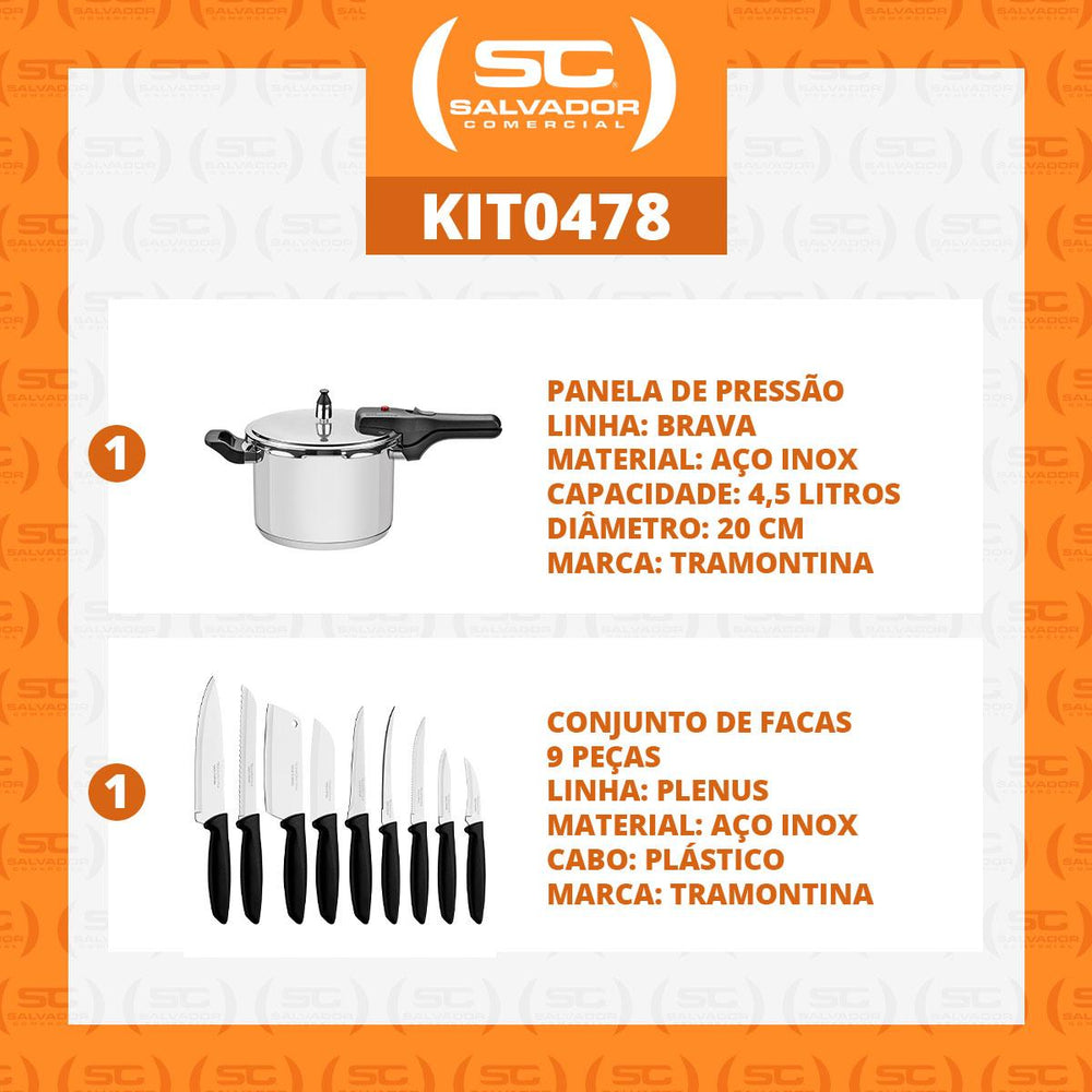 Kit Panela de Pressão Inox 4,5l Brava + Jogo de Facas Plenus 9 Pçs - Tramontina