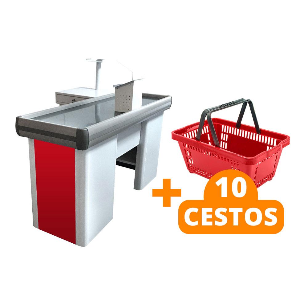 Kit Caixa De Supermercado Empacotador Check-Out 1,50m Recorte + 10 Cestos De Compras Vermelho