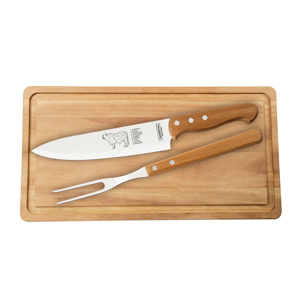 Kit 3 pç Faca, Garfo e Tábua Madeira 20x38 Churrasco Lâminas Inox  - Tramontina 22399076