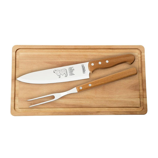 Kit 3 pç Faca, Garfo e Tábua Madeira 20x38 Churrasco Lâminas Inox  - Tramontina 22399076
